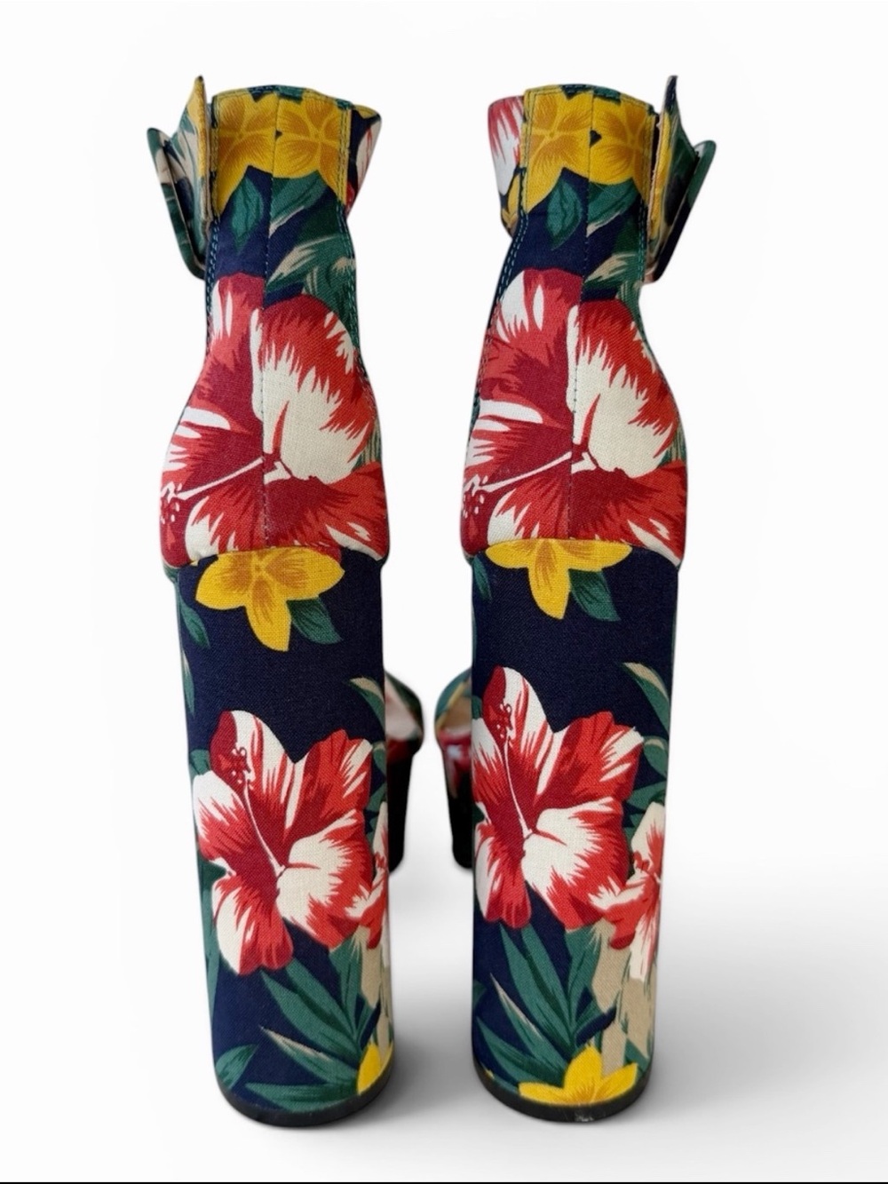 RAYE - Navy Vibrant Tropical Hibiscus Platform Sandals. Size 8 - Picture 8 of 9